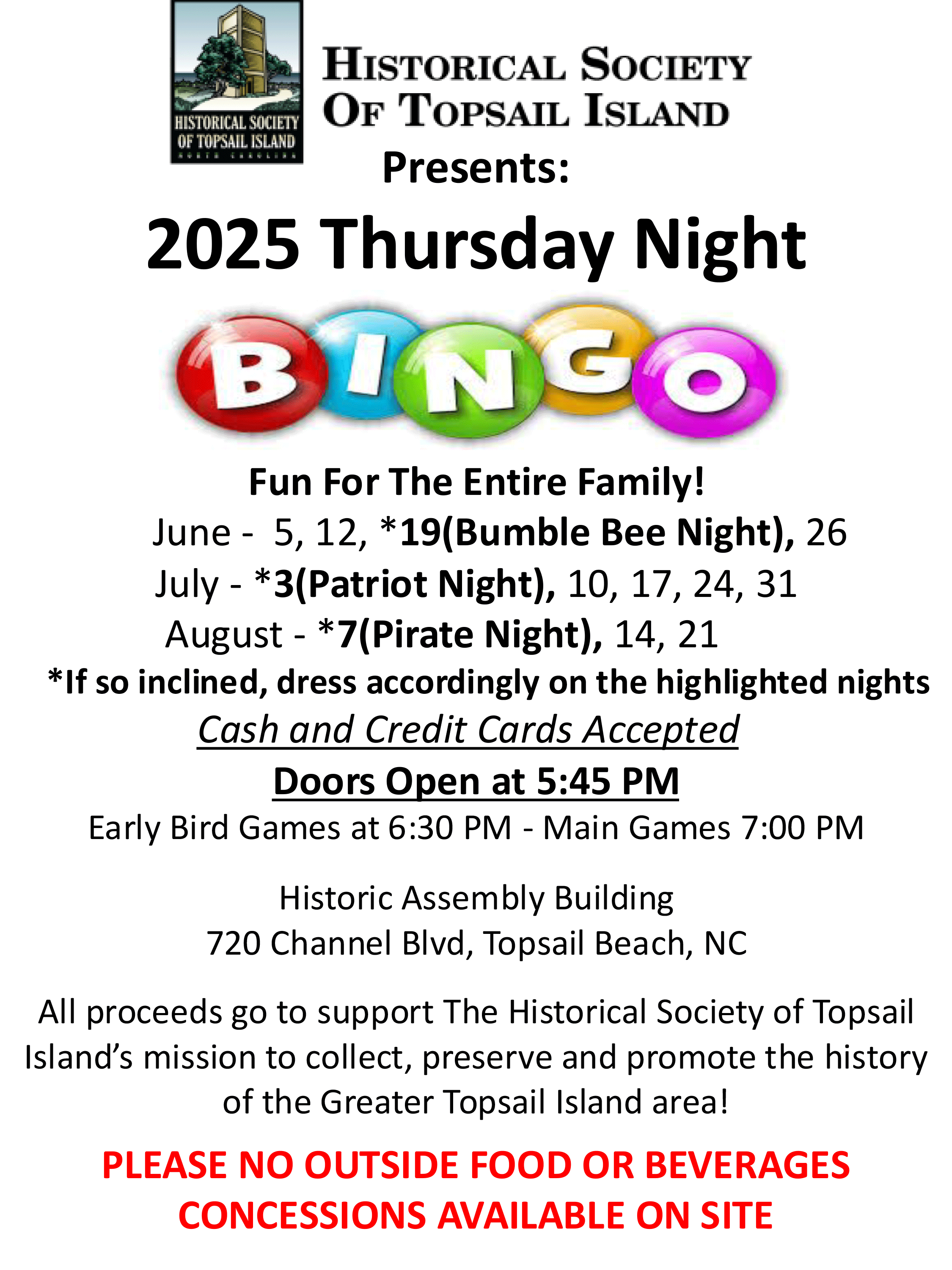 Topsail Historical Society of Topsail Island presents 2024 Thursday Night Bingo