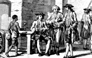 Early settlers with a slave boy along the docks of North Carolina