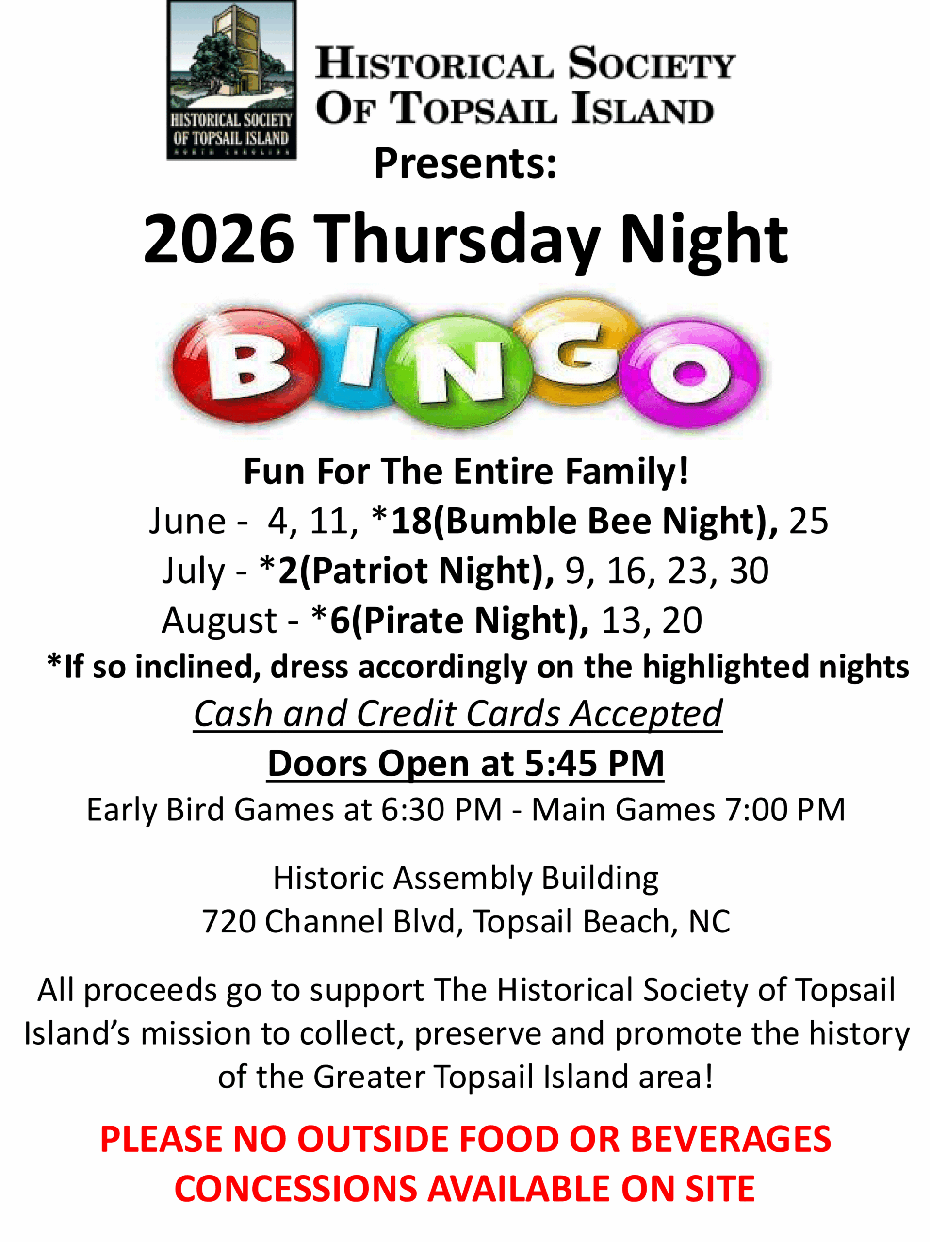 Topsail Historical Society of Topsail Island presents Thursday Night Bingo